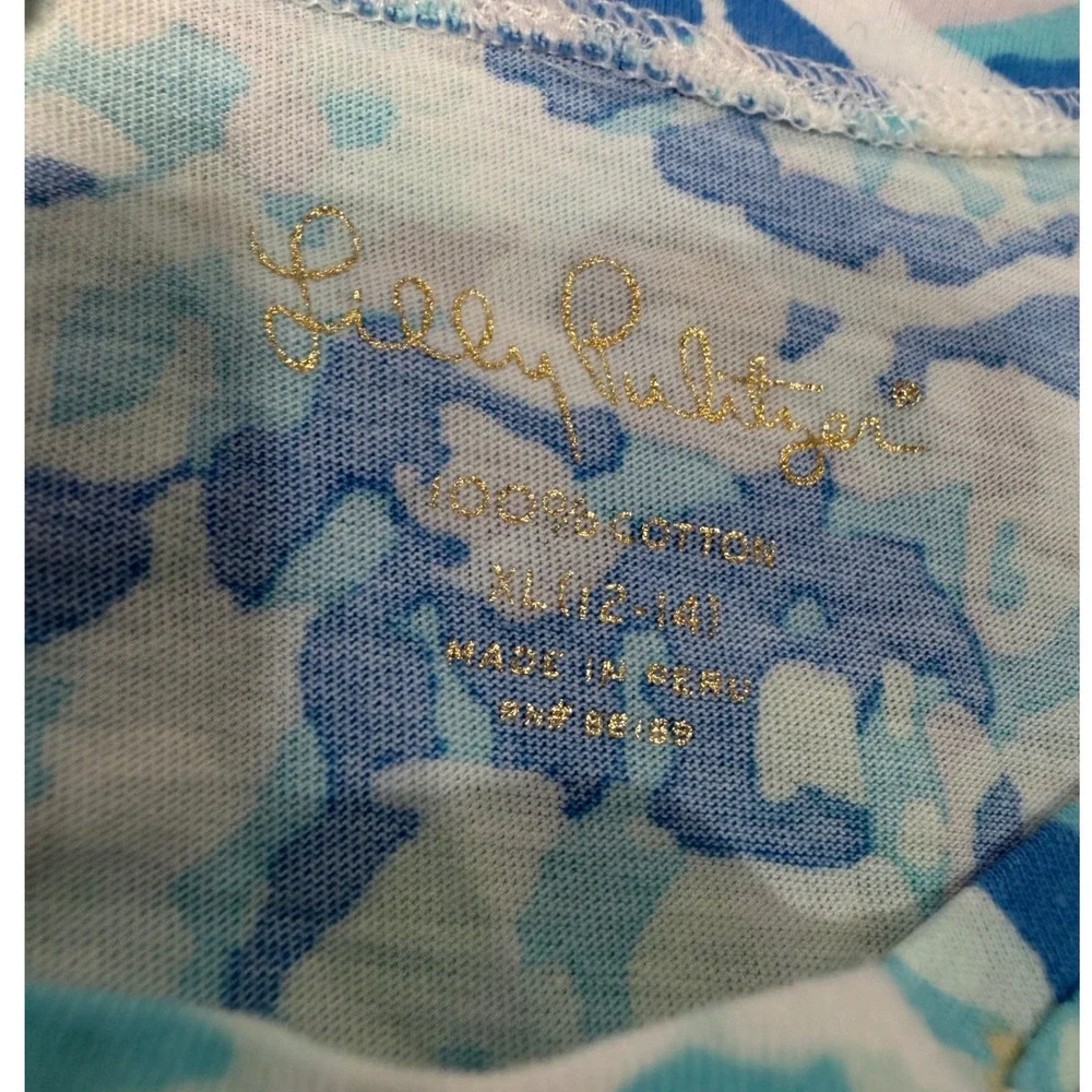 Lilly Pulitzer Dress Kids XL 12-14 Blue White Seashell Print Ruffle Sleeve 29157